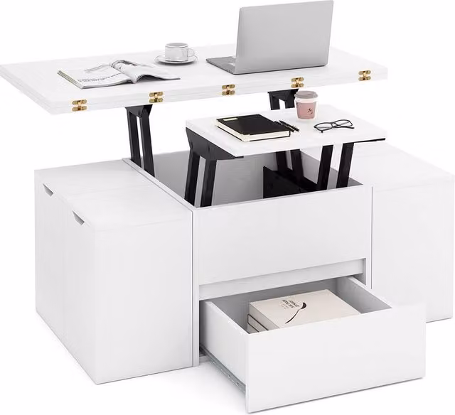 Costway Modern White Lift Top Coffee Table with 4 Storage Stools