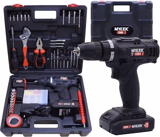 MYLEK 18V Cordless Li-ion Drill with 90 Piece Tool Kit and Case, Black – 1
