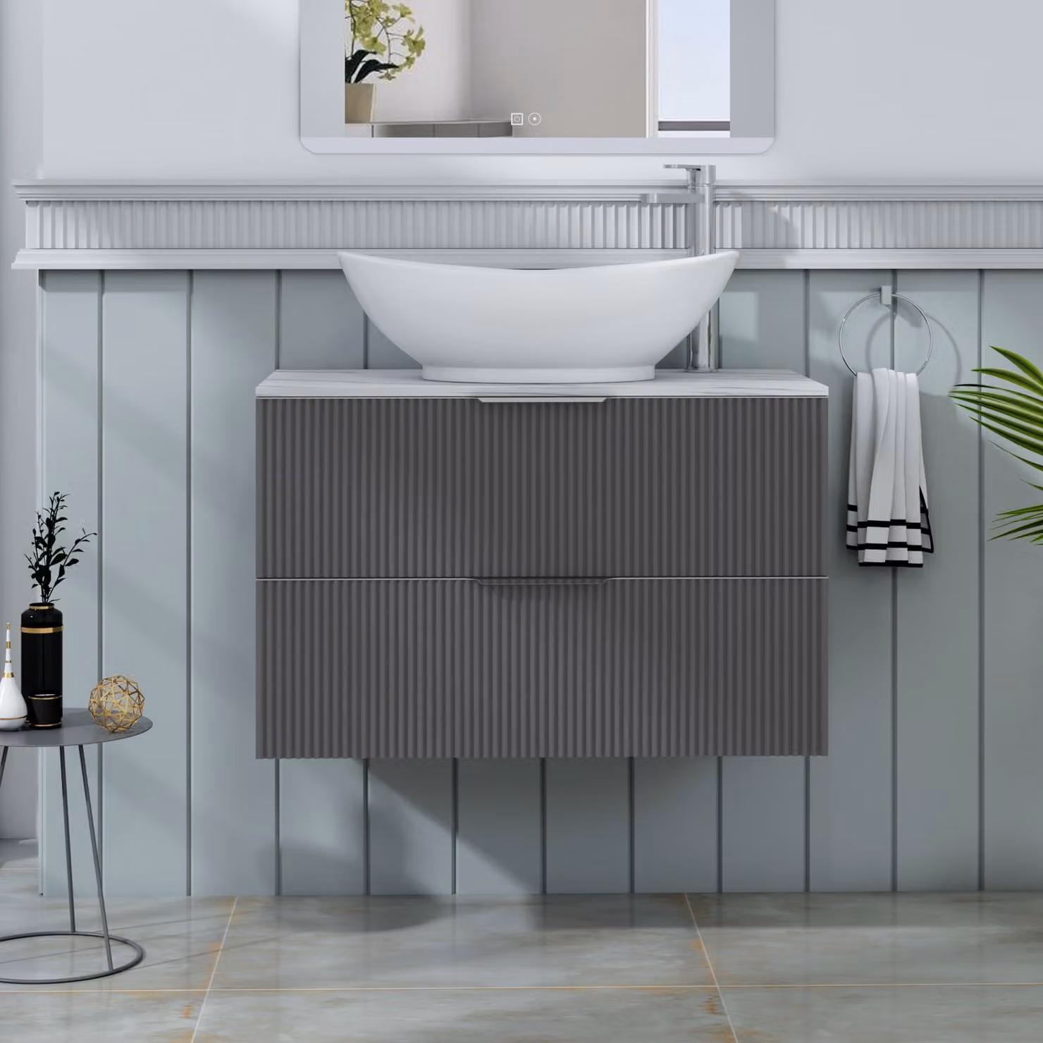 Royal Bathrooms Evora 800mm Graphite Grey Fluted Wall Hung Vanity Unit with Amaze Basin and 2 Drawers