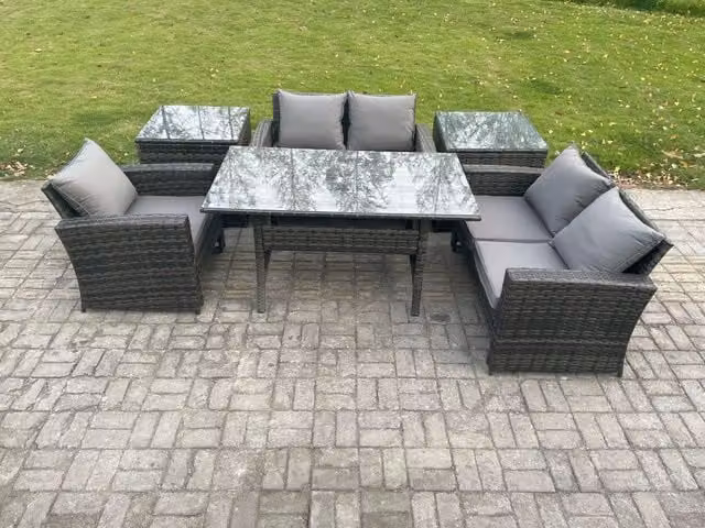 Fimous Wicker Rattan Garden Dining Set with Double Sofa, Dining Table and 2 Side Tables in Dark Grey Mixed