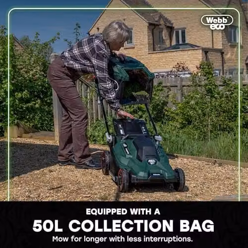 Webb Eco 40V Cordless Rotary Lawnmower in Green with 43cm Cutting Width, 50L Collection Bag and Rechargeable Battery – 6