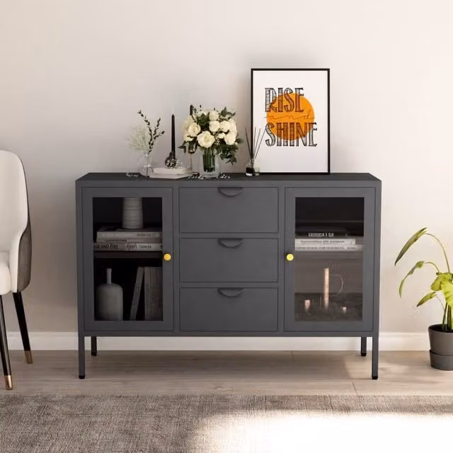 Berkfield Home Anthracite Sideboard in Black with Steel and Tempered Glass, W/D/H: 105 x 35 x 70 cm