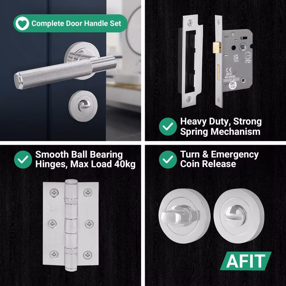 AFIT Polished Chrome Bathroom Door Handle Rose with WC Lock and Hinges, Silver, W/D/H: 15.0 x 15.0 x 5.8 cm – 5
