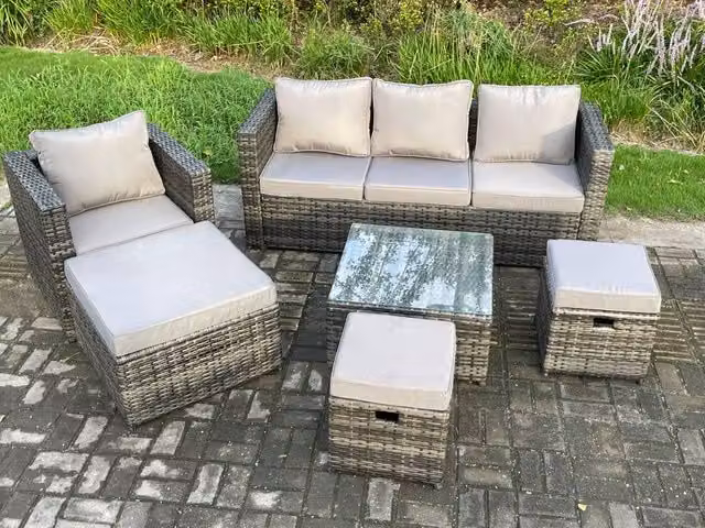Fimous 6 Piece Outdoor Lounge Sofa Set in Dark Grey with Coffee Table and 3 Footstools
