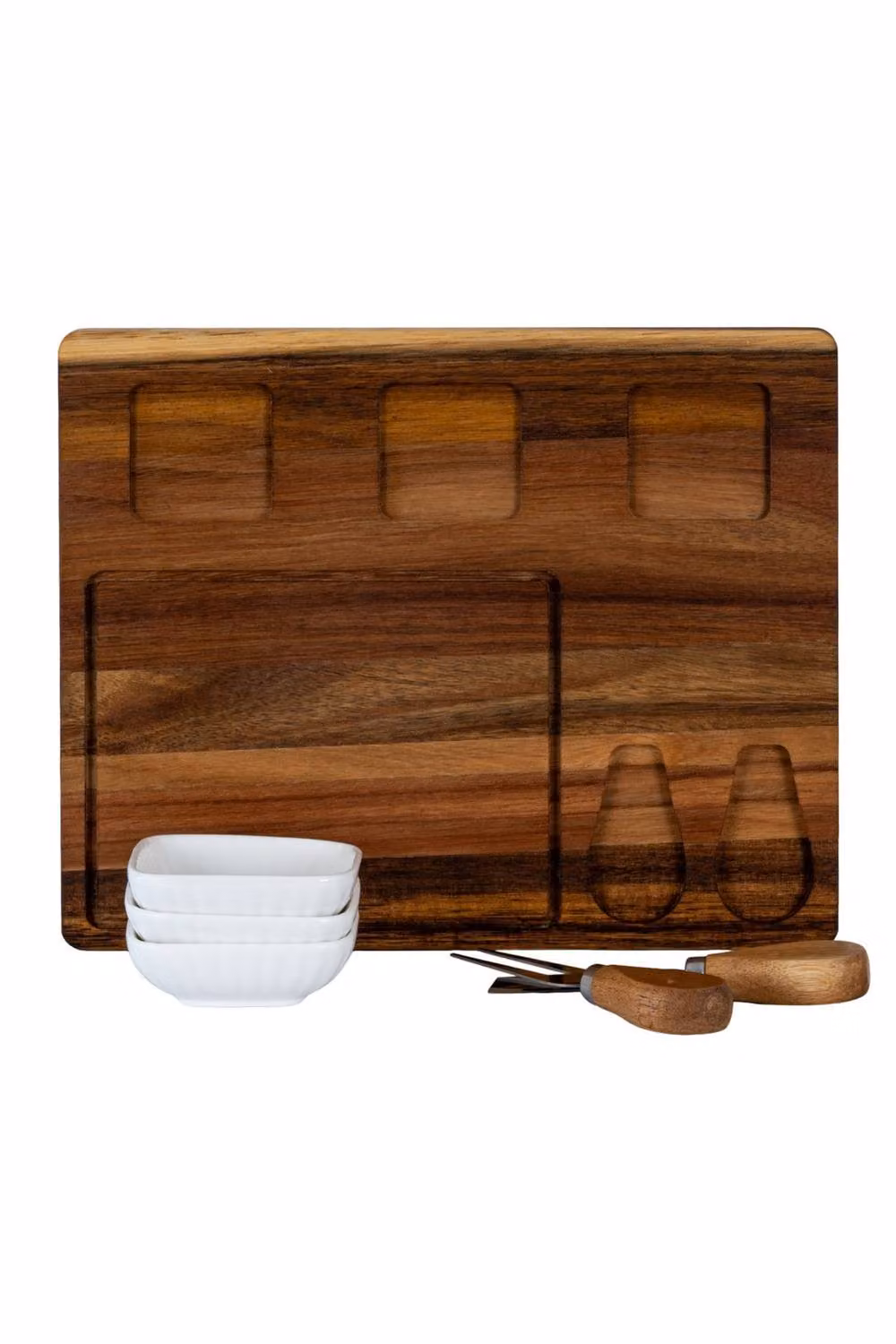 KDMD Acacia Wood Cheese Board Set with White Ceramic Bowls and Cutlery in Brown – 3