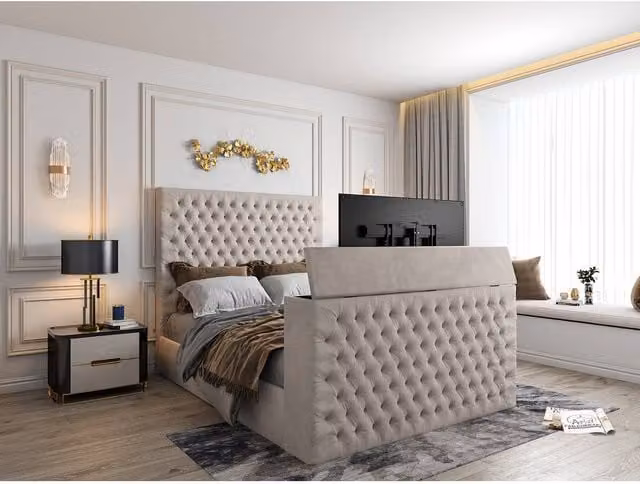 KDMD Capella Upholstered Soft Velvet TV Bed Frame in Light Sand, Single Size (W: 90 cm, D: 200 cm)