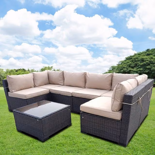 FURNITURE ONE Wiltshire 6 Seater Modular Rattan Corner Sofa Set with Coffee Table in Dark Brown