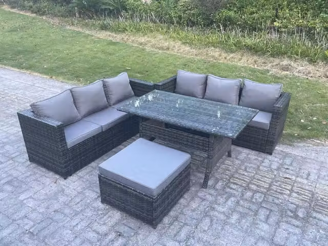 Fimous 7 Seater Rattan Garden Furniture Set with Rectangular Dining Table and Footstool in Dark Grey