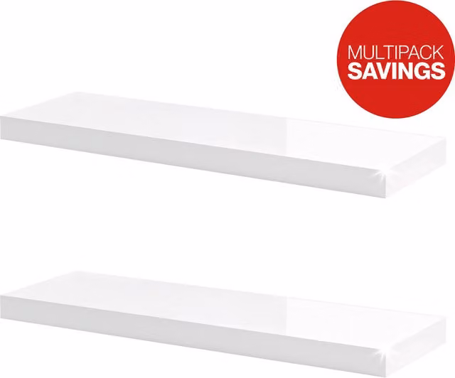 RBUK 2 Pack White Glossy Floating Wall Mounted Shelves with Back Panel