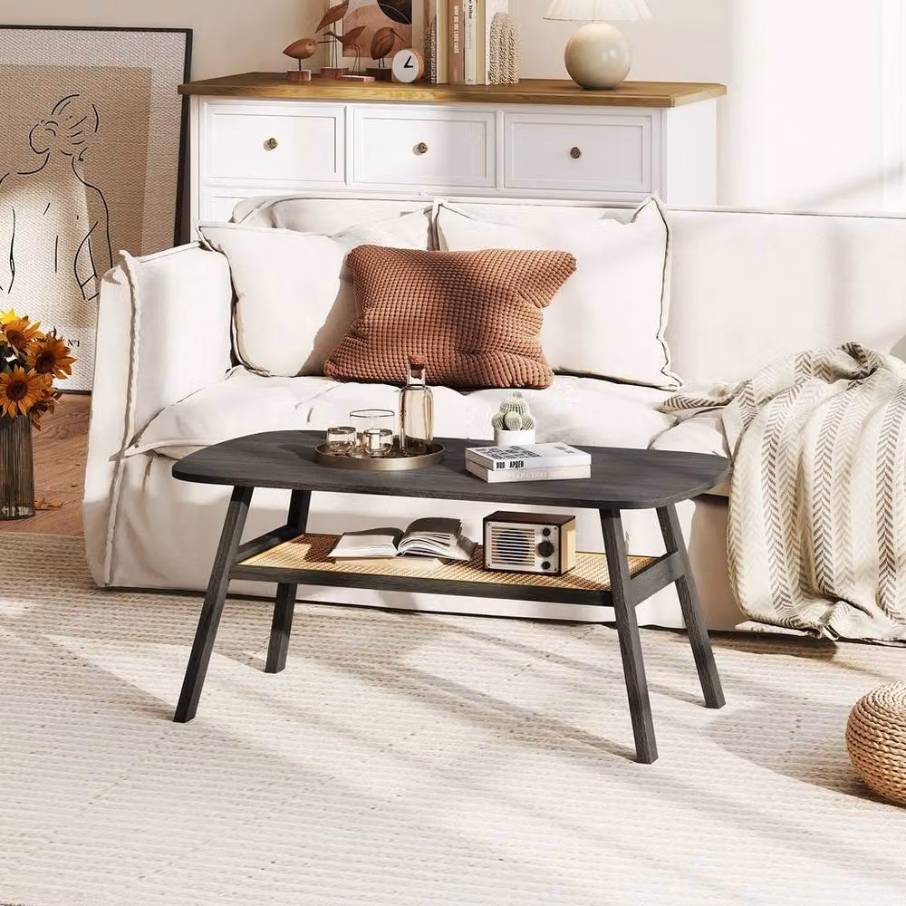 VOGREX Black and Dark Grey Rectangular 2-Tier Coffee Table with Rustic Rubberwood Finish – 5
