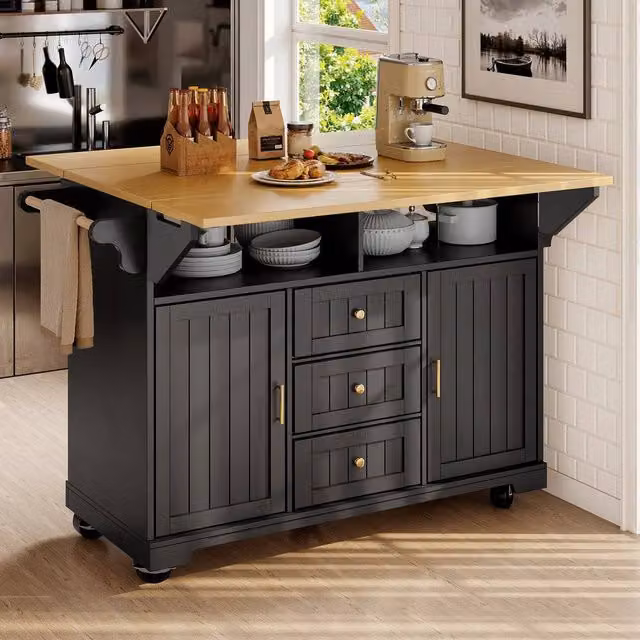 Rolipo Extendable Kitchen Island Trolley with Drop Leaf Storage in Black – 1