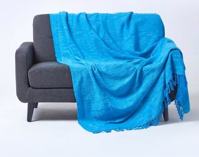 Homescapes Nirvana Woven Cotton Throw in Petrol, W: 150 cm, D: 200 cm – 1
