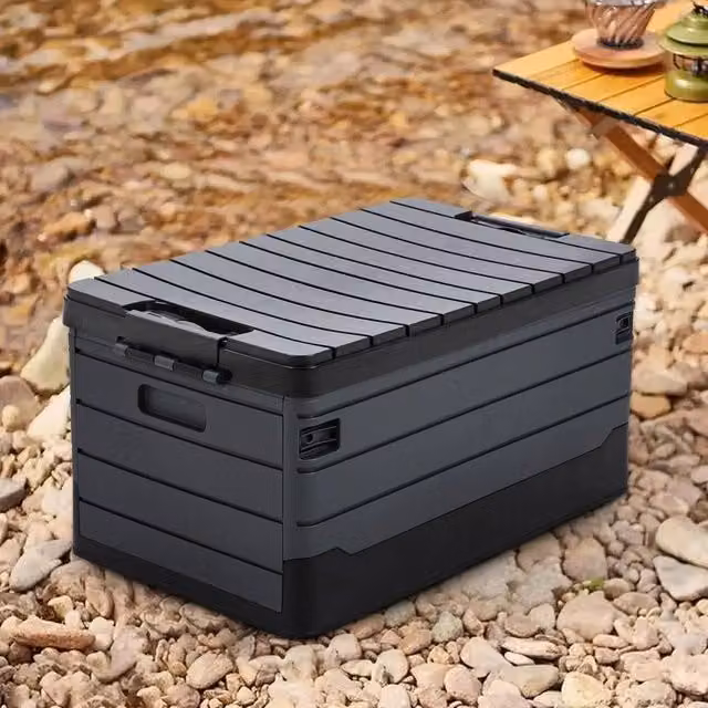 KORVIXA Foldable Camping Storage Box with Lid and Handles, Black, W/D/H: 45 x 30 x 24 cm