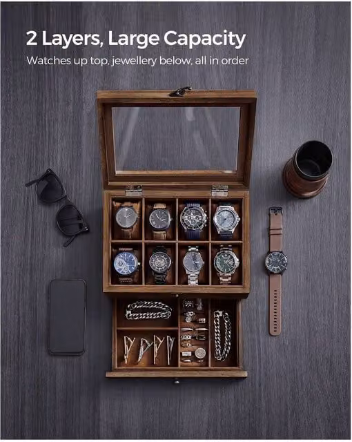 SONGMICS 2-Tier Solid Wood Watch Box with Glass Lid, Bronze/Brown
