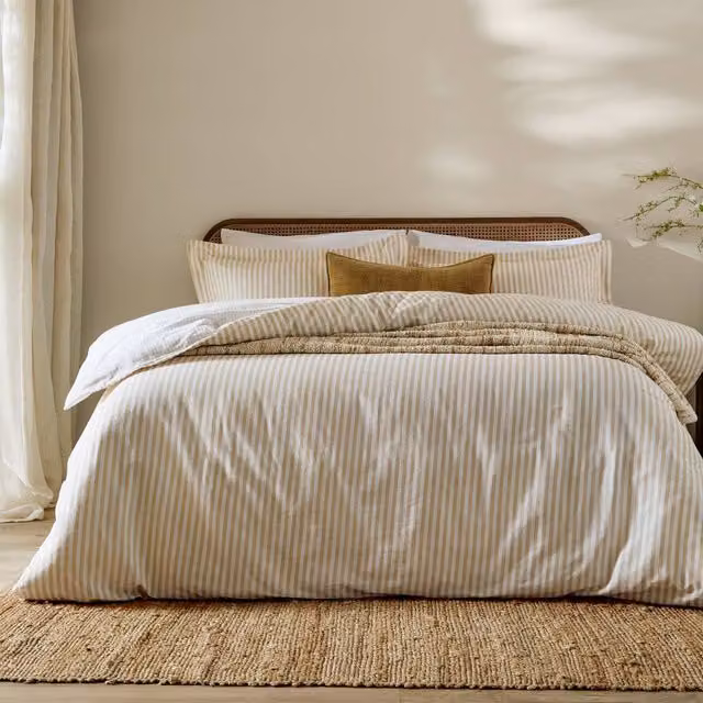 Yard Hebden Striped 100% Cotton Reversible Duvet Cover and Pillowcase Set in Yellow, W: 200 cm x D: 200 cm