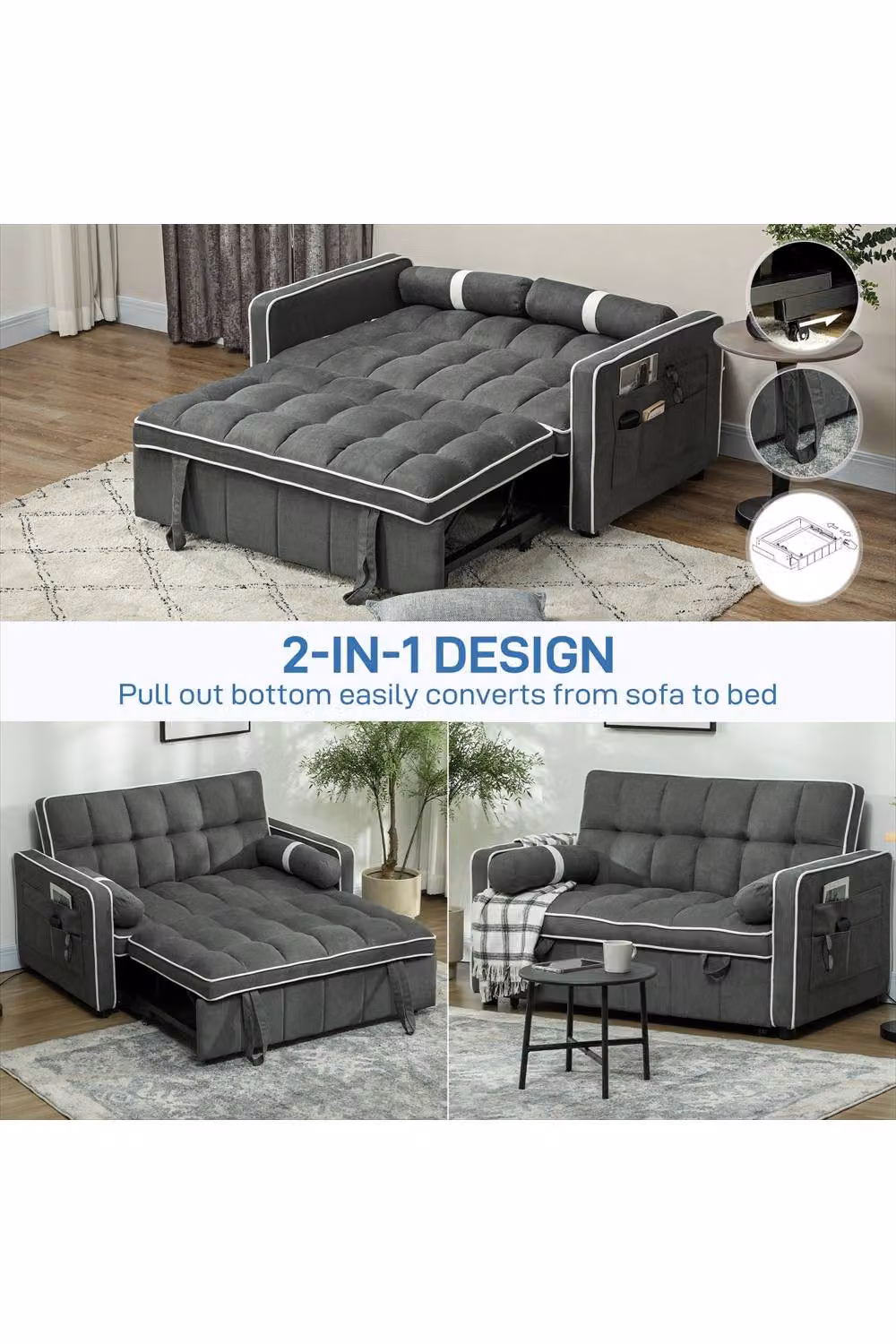 ERGOVEXA Two-Seater Click-Clack Sofa Bed in Grey Fabric with Scatter Cushions – 2