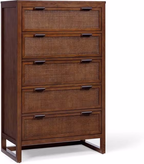 Teamson Home Hatteras 5 Drawer Bedroom Chest of Drawers with Rattan Inset Drawers, Walnut Finish, Brown, H 127 x W 45.7 x D 44 cm