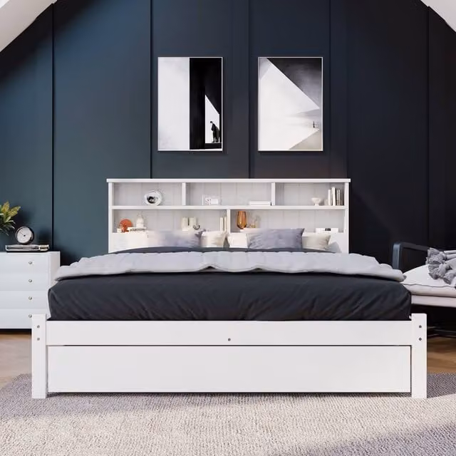ModernLuxe White Wooden Bed Frame with Storage Headboard and Drawers, Size: 140 x 200 cm – 1