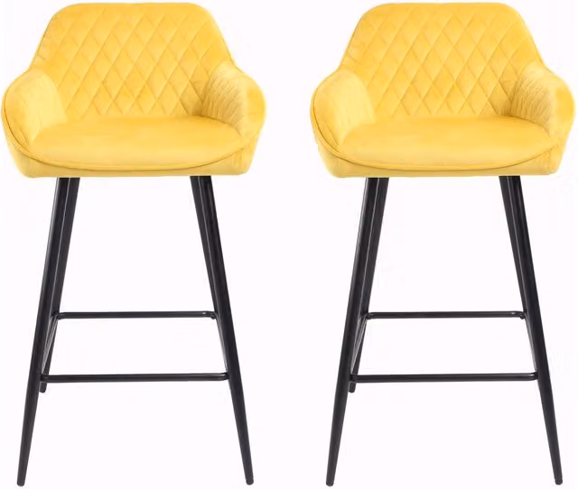 Neo Set of 2 Yellow Crushed Velvet Breakfast Bar Stools with Metal Legs