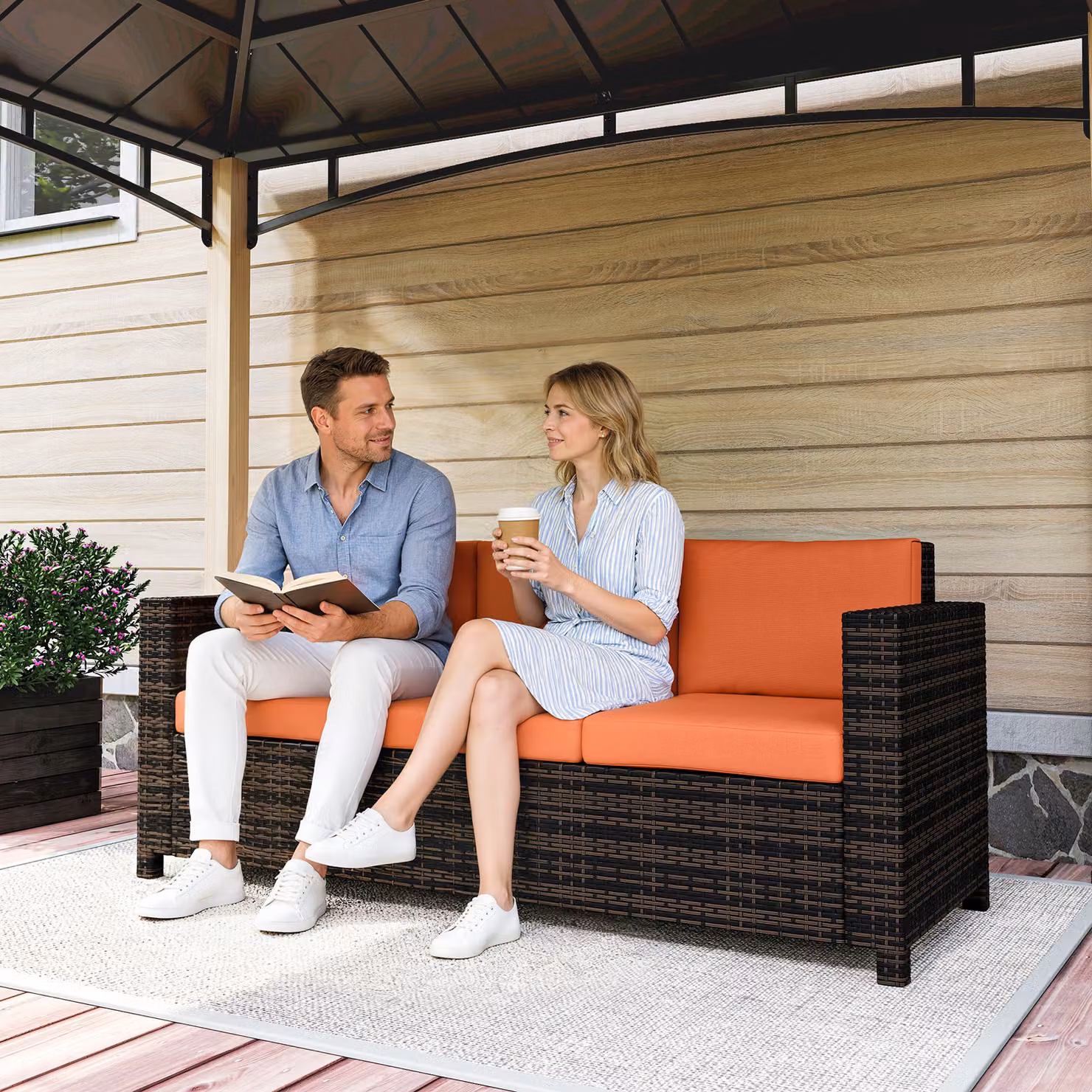 Outsunny 3 Seater Rattan Sofa with Orange Fire Resistant Cushions and Powder Coated Steel Frame – 7