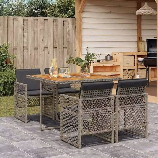 Berkfield Home 5 Piece Grey Poly Rattan Garden Dining Set with Acacia Wood Table and Cushions