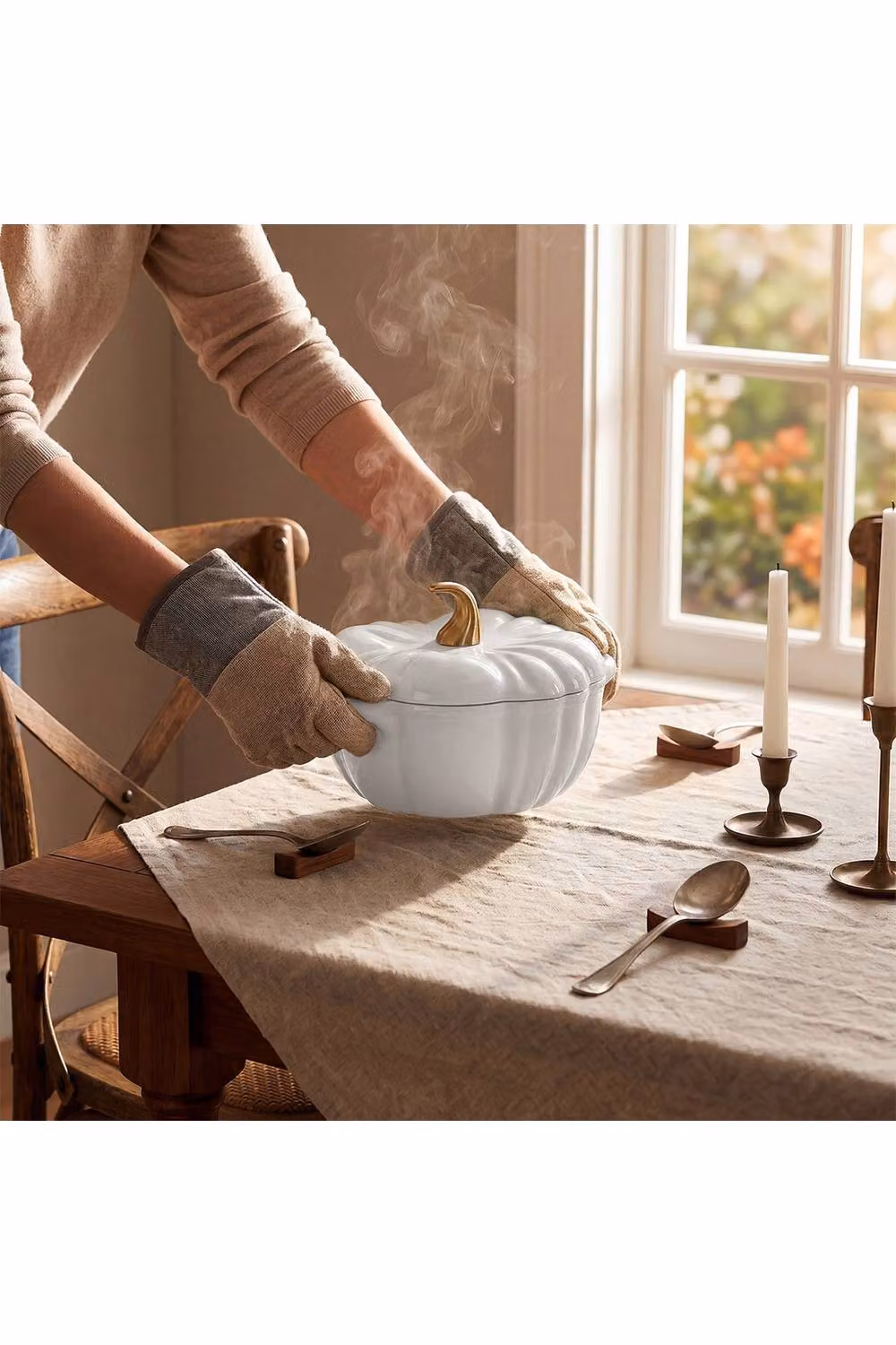 Living and Home Enamelled Cast Iron Pumpkin Dutch Oven with Lid and Handles in White – 5