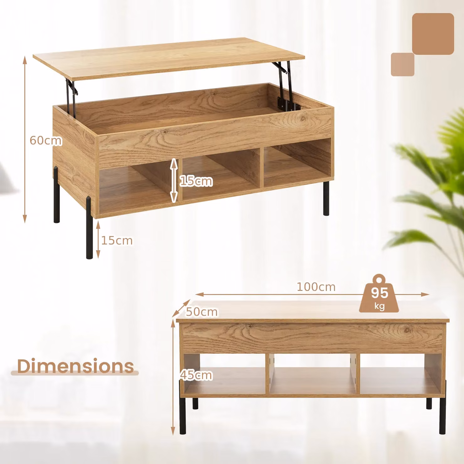 Gymax Modern Rectangular Lift Top Coffee Table with Large Compartment and Metal Legs in Beige or Brown – 3