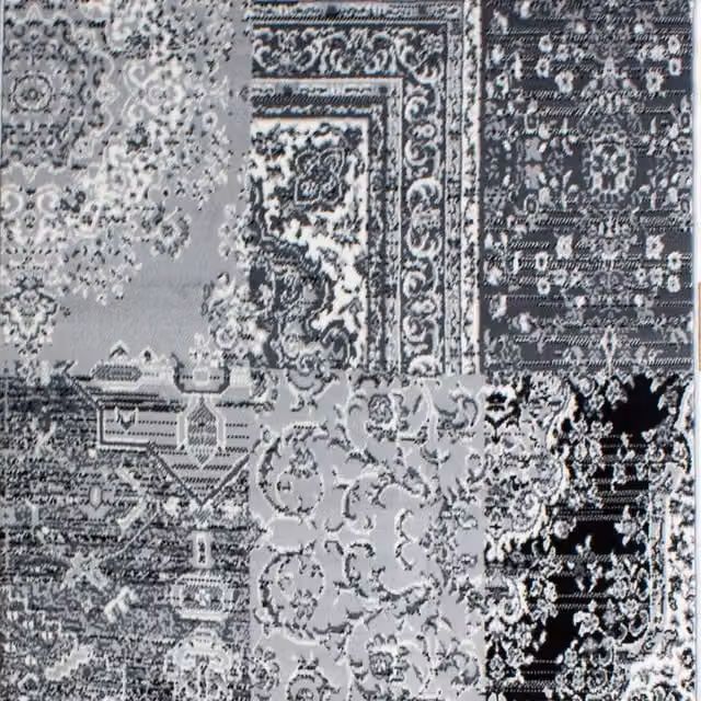 The Rug House Black and Grey Monochrome Traditional Patchwork Living Room Rug, W: 240 cm, D: 60 cm