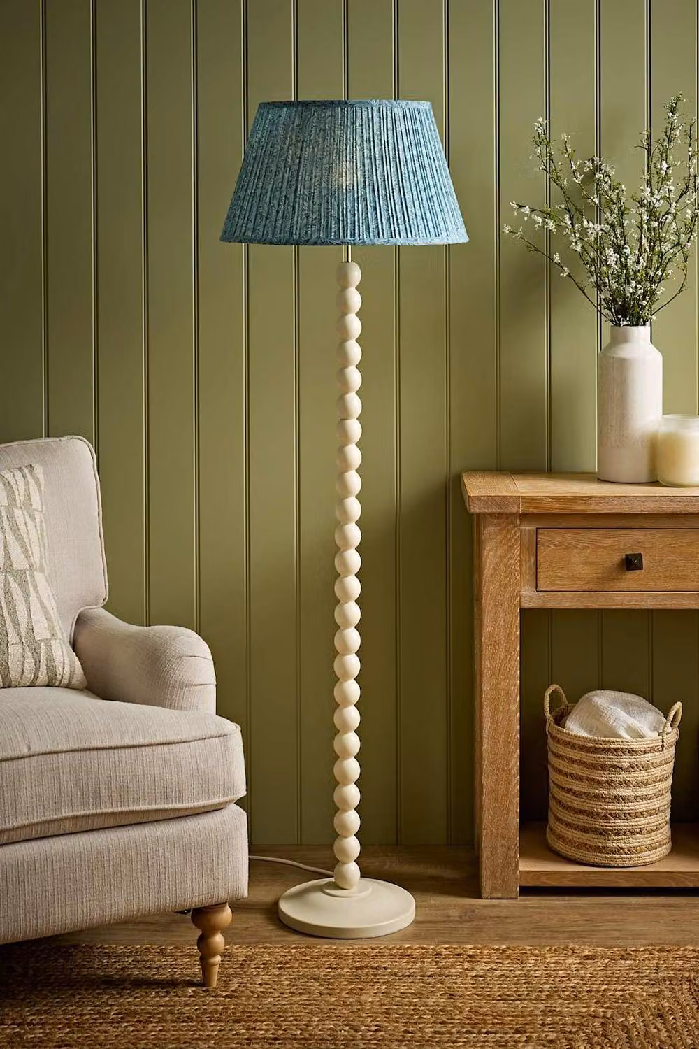 ValueLights Bobbin Leaf Printed Pleated Floor Lamp with Bulb in Cream and Mid Blue – 2