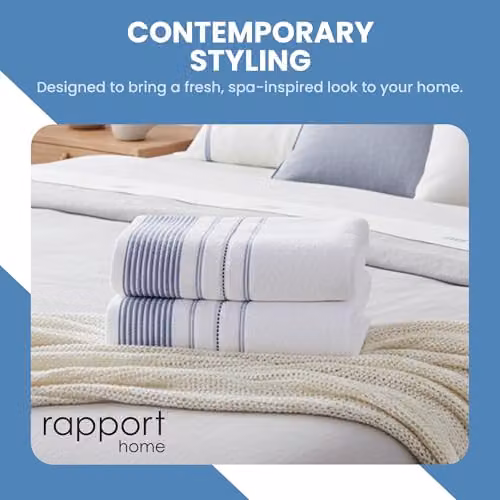 Rapport Home Dakota Stripe Cotton Bath Sheets 2 Pack in Blue and White, W/D/H: 90 x 140 cm – 3