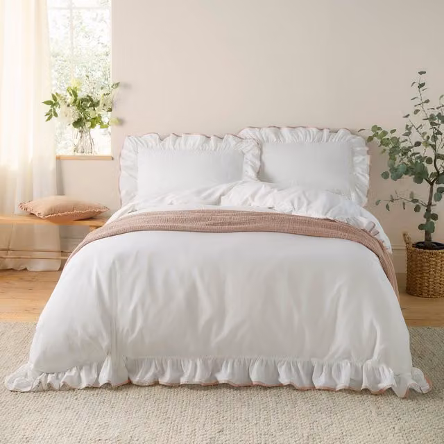 Wylder Blousey Ruffle 100% Cotton Duvet Cover and Pillowcase Set in Pink and White, W: 180 cm, H: 200 cm