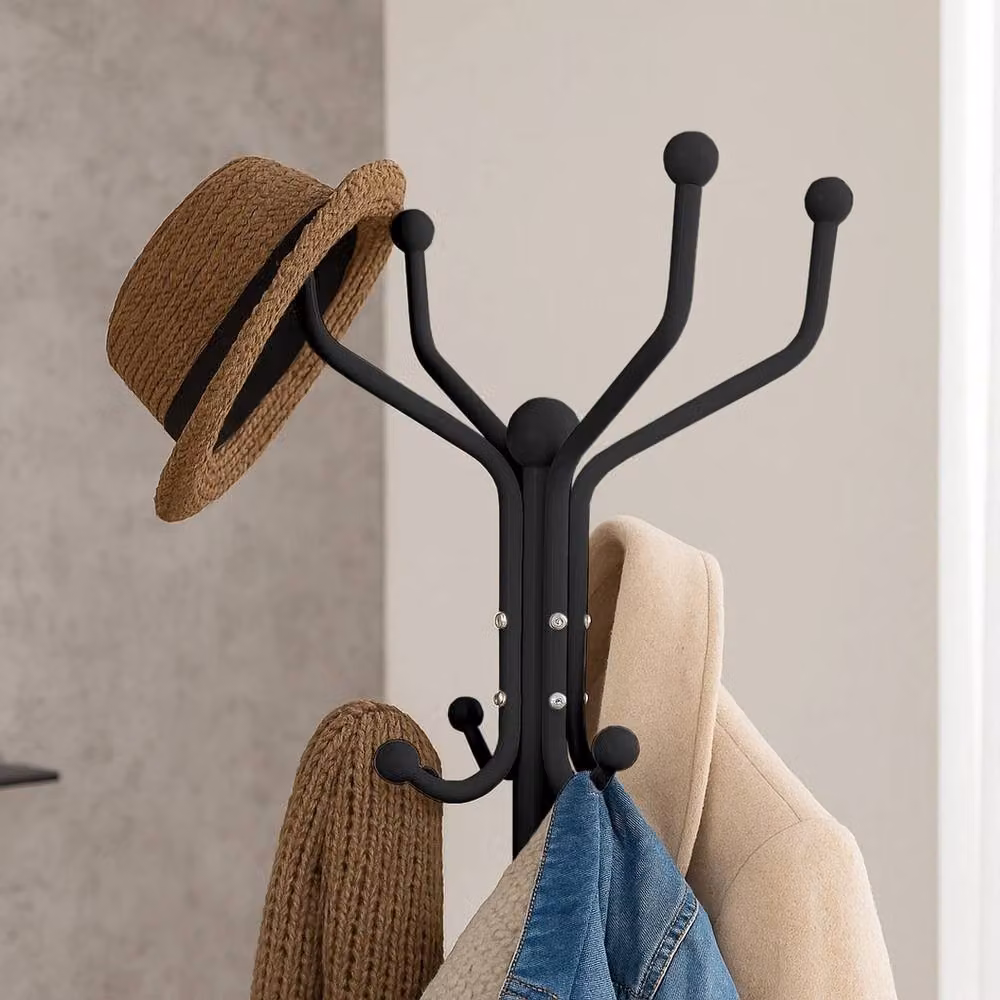 NESTLUNE Matt Black Steel Free-Standing Post Tree Coat Rack with Distributed Point Hooks, W/D/H: 44 x 44 x 182 cm – 4