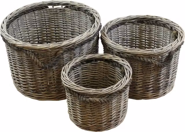 JVL Grey Natural Fibre Wicker Round Storage Basket