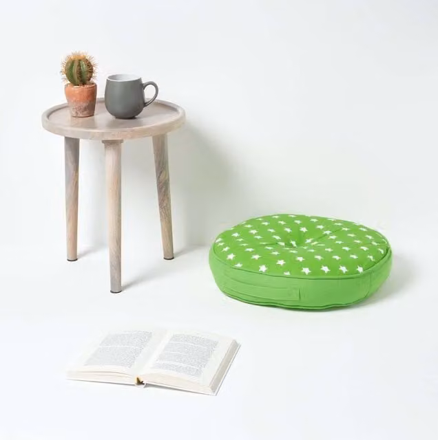 Homescapes Green Stars Childrens Round Floor Cushion in Green, Grey and Pink