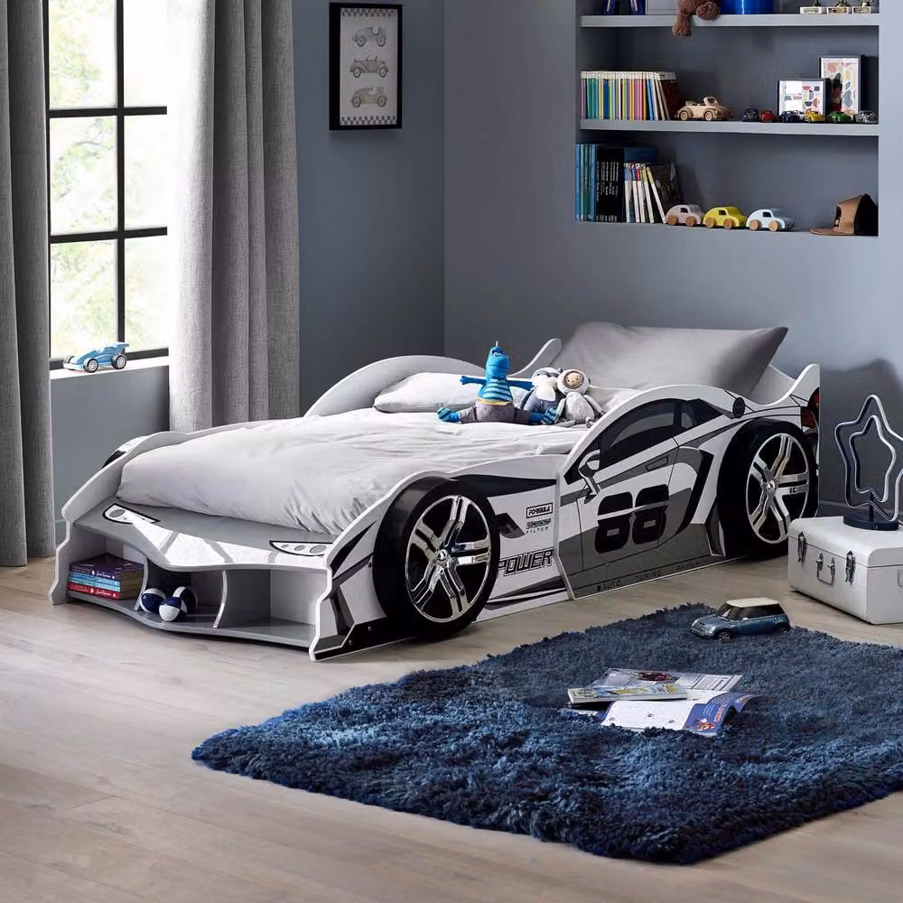 Cheshire Stream Race Car Bed in White and Grey High Gloss, Small Single, W/D/H: 90 x 190 cm – 3