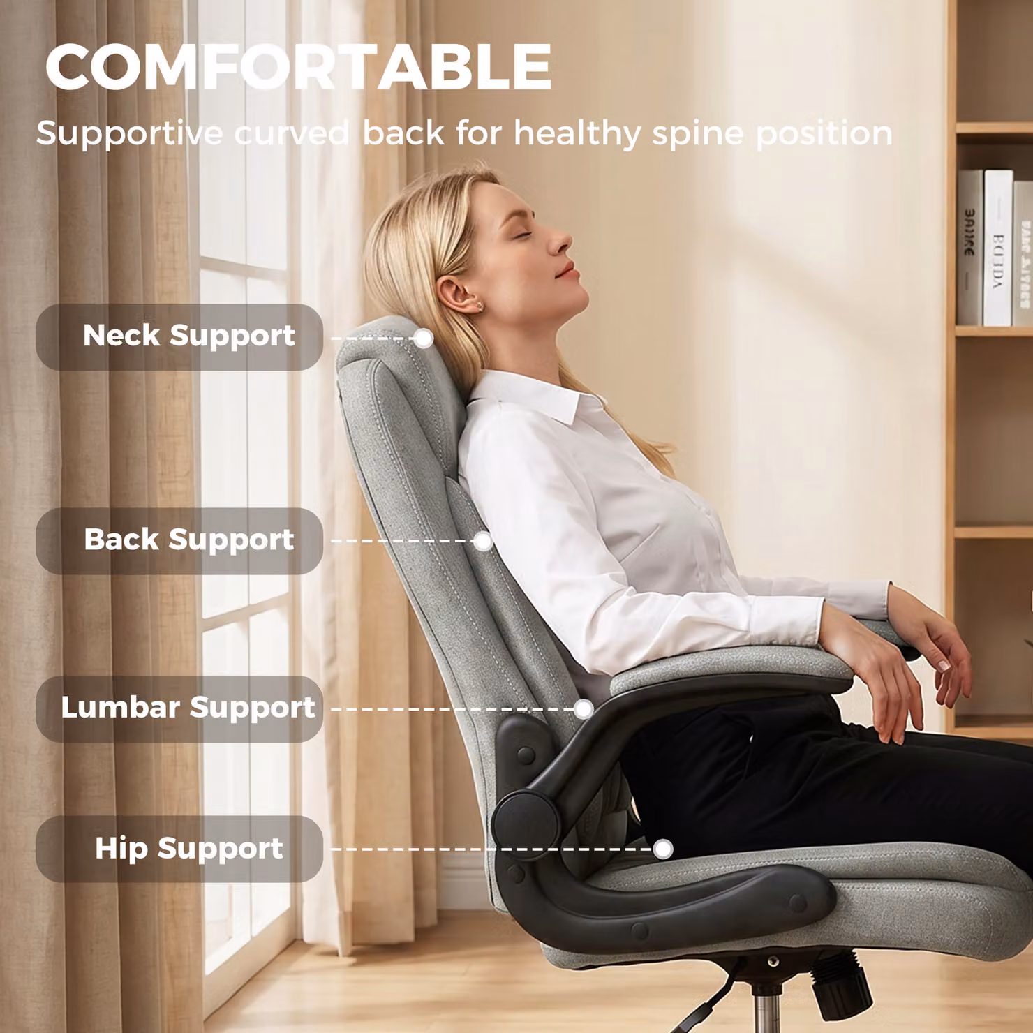 HOMCOM Grey Linen-Look Executive Office Chair with Flip-Up Armrests and Thick Cushion – 4