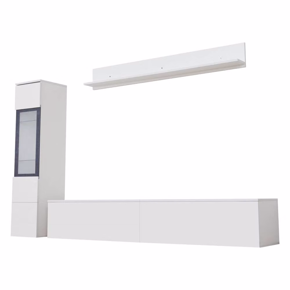 Tokpiedi Modern 3 Piece White Glossy LED Entertainment Centre Wall Unit Set with Wall Cabinet, Lowboard and Display Vitrine – 4