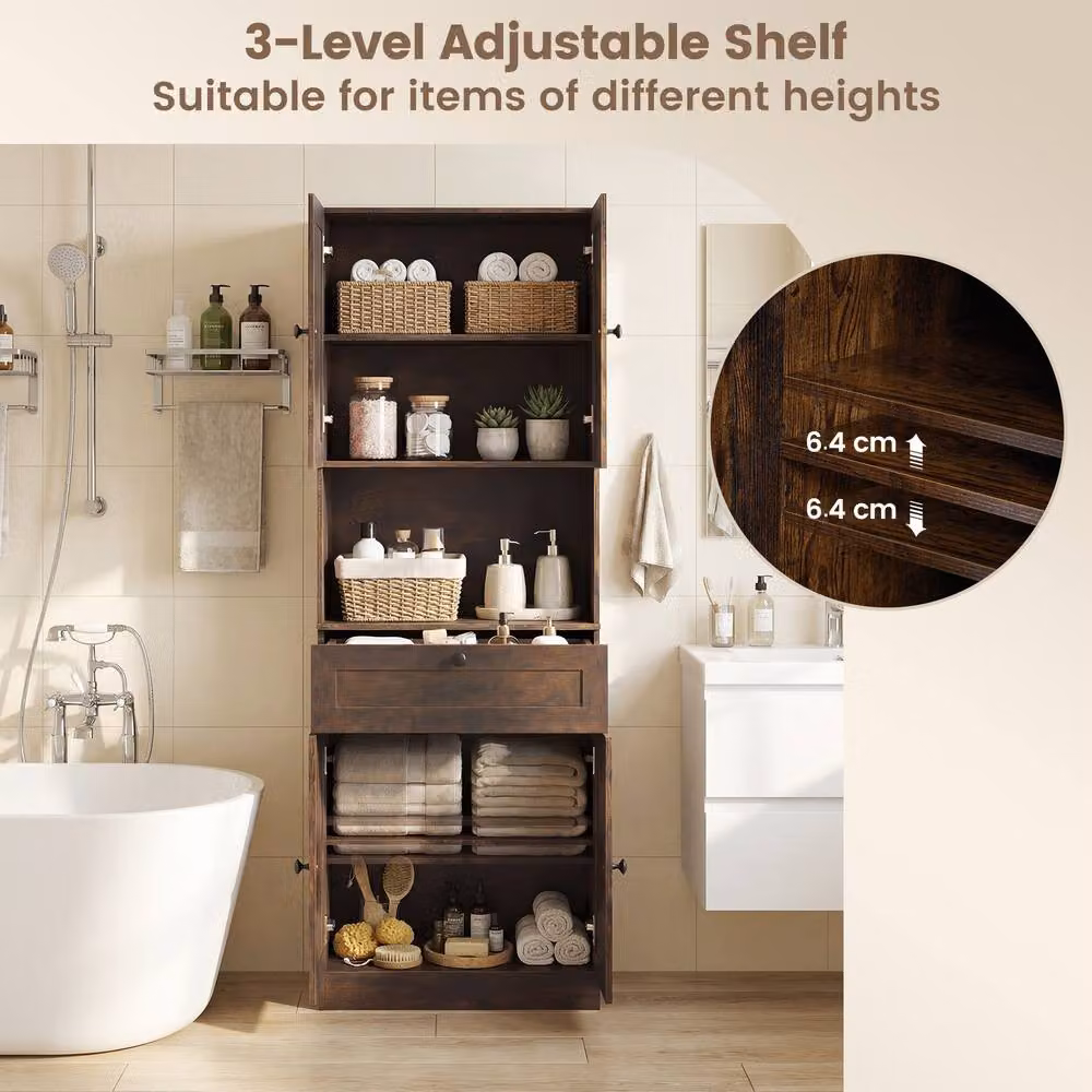 Costway Modern Wooden Bathroom Cabinet in Brown with 4 Doors and 1 Drawer – 8