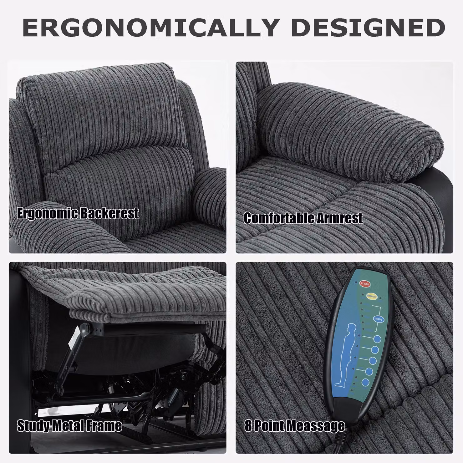 FURNITURE ONE Grey Corduroy Fabric Electric Massage Sofa Set with 2 Seater and Armchair – 3