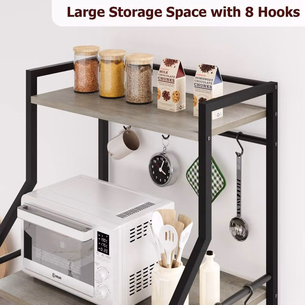 London Boutique 5-Tier Grey Kitchen Bakers Rack and Microwave Stand with 2 Baskets and 8 Hooks – 3