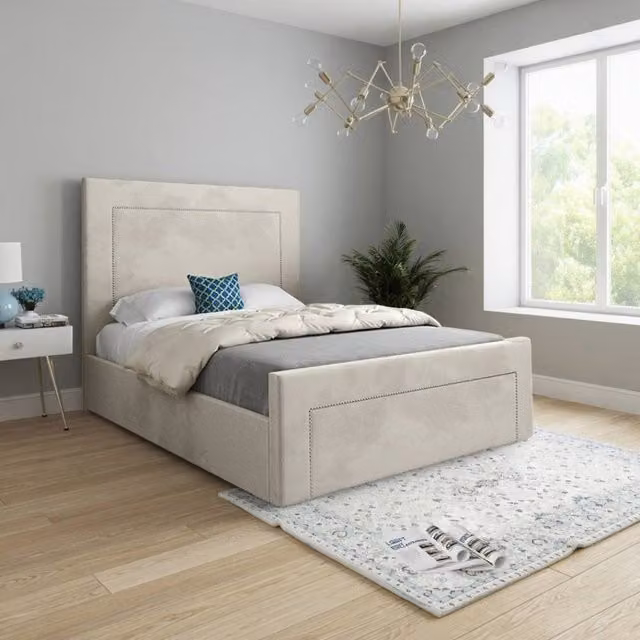 KDMD Lutterworth Upholstered Velvet Designer Bed Frame in Beige, W/D/H: 140 x 200 cm