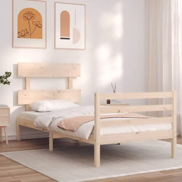 Berkfield Home Beautiful Single Solid Wood Bed Frame with Headboard in Natural Pine, W/D/H: 90 x 190 x 95.5 cm