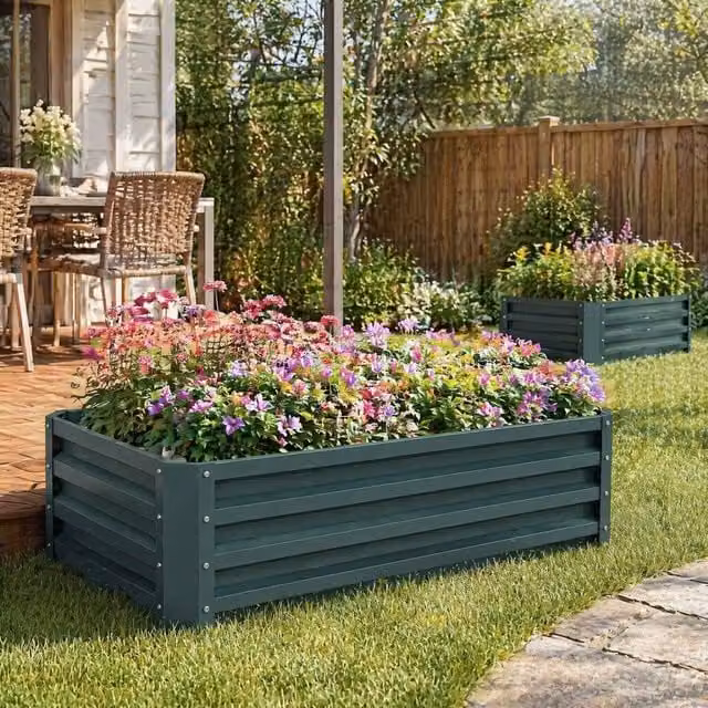 STILVORA Set of 2 Green Steel Planter Boxes, W: 100 cm, D: 50 cm, H: 30 cm – 1