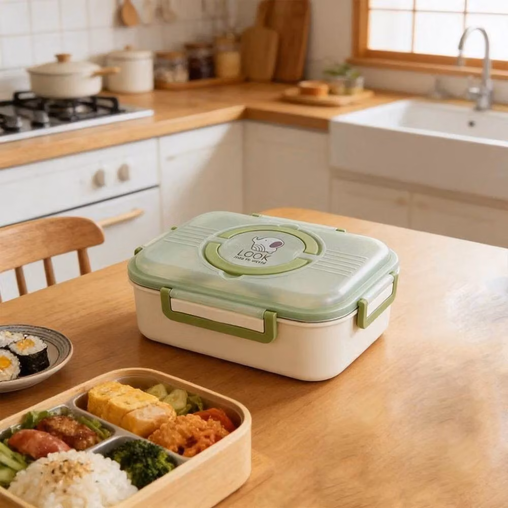 NESTLUNE Stainless Steel Lunch Box with 2 Compartments in Green, Leakproof and Insulated – 2