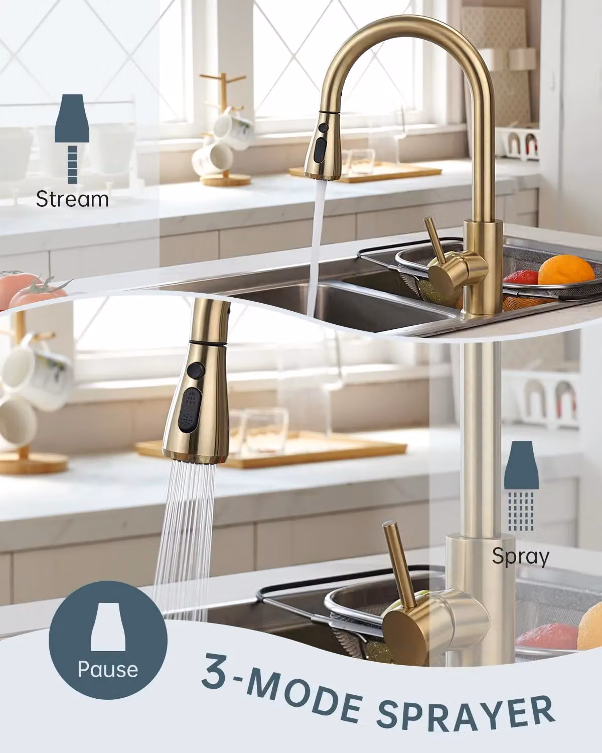 Appaso Gold Single Lever Kitchen Sink Mixer Tap with 3 Spray Modes and Pull Out Spout – 4