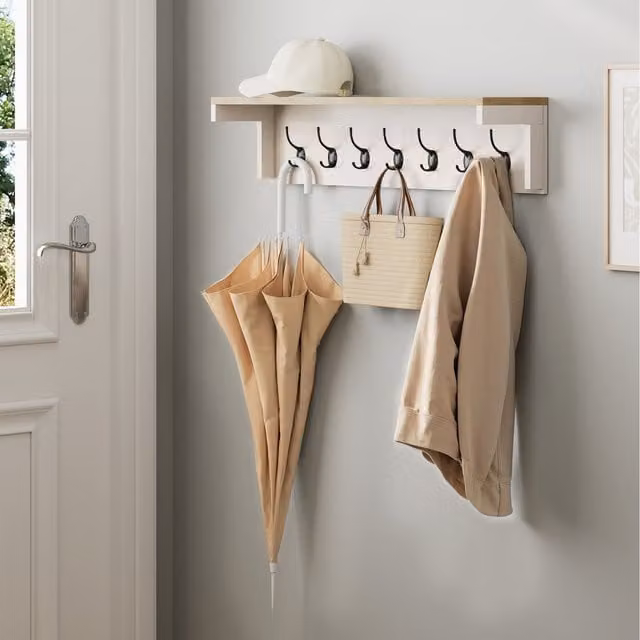 VonHaus Wall Mounted Rustic Wood Coat Hooks with 7 Double Hooks in White