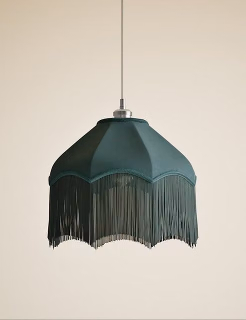 M&S Fringed Velvet Cone Lamp Shade in Green
