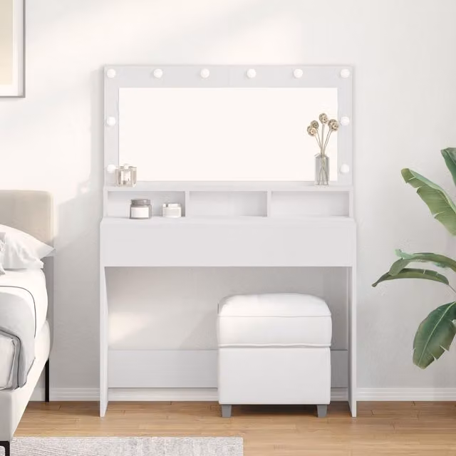 Berkfield Home White Modern Dressing Table with Hollywood LED Lights, W/D/H: 100 x 41 x 135 cm