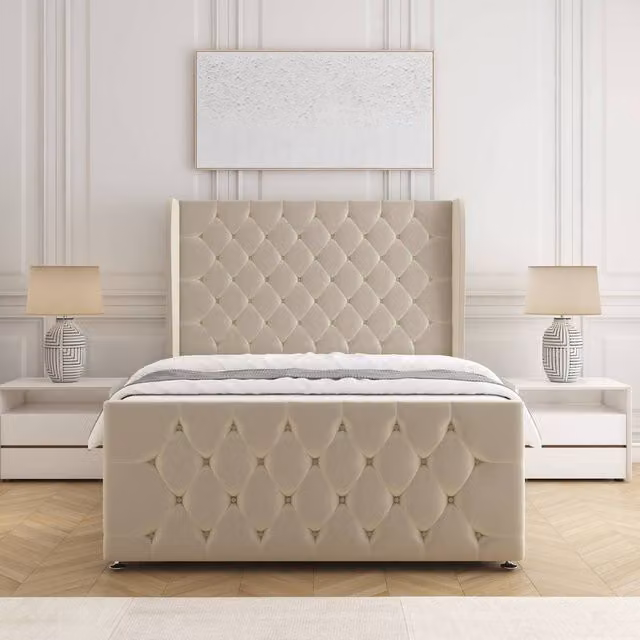 BSSPOKE Anna King Size Plush Velvet Divan Bed with Headboard and Mattress in Beige, W/D/H: 180 x 200 cm