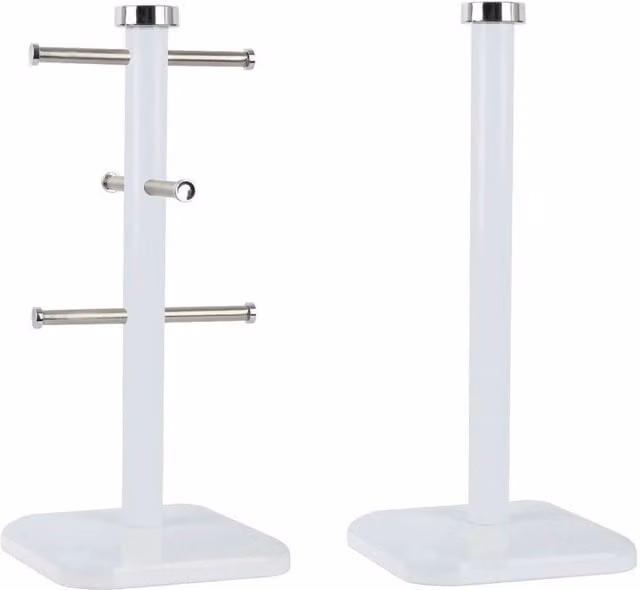 FORGEVIO White Stainless Steel Mug Tree and Freestanding Kitchen Roll Holder Set